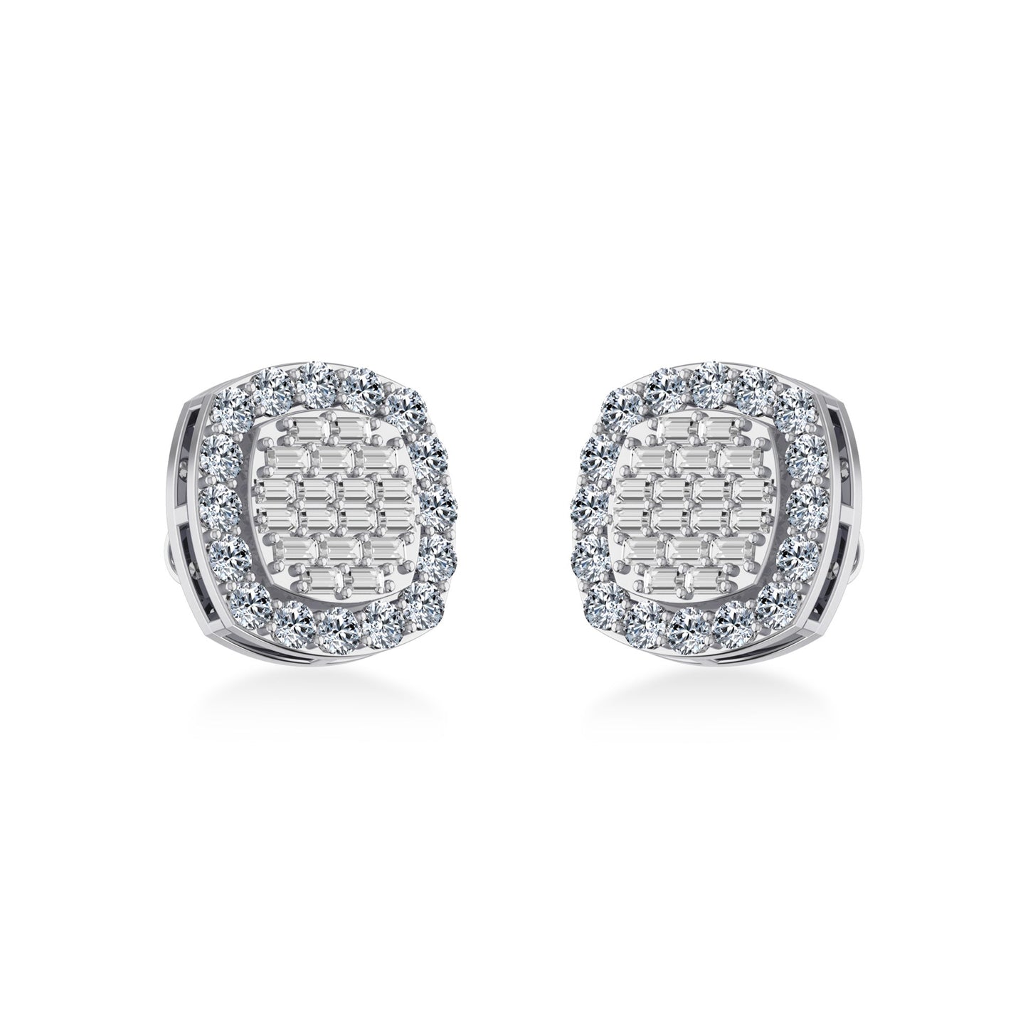 10K White Gold Round Baguette Diamond Stud Earring 1 Ctw