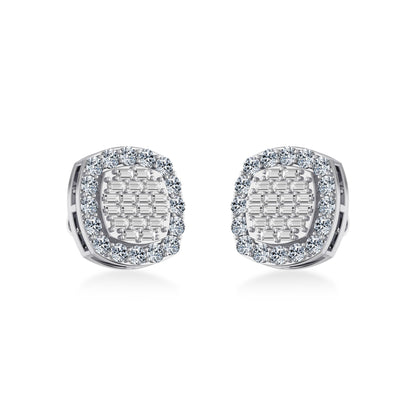 10K White Gold Round Baguette Diamond Stud Earring 1 Ctw