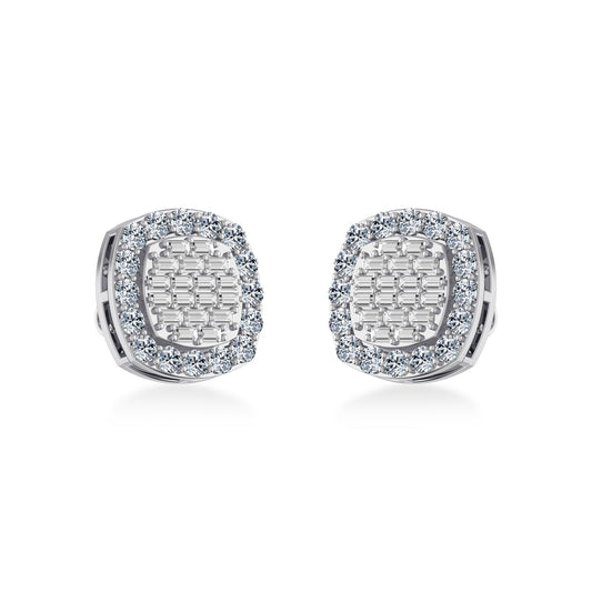 10K White Gold Round Baguette Diamond Stud Earring 1 Ctw