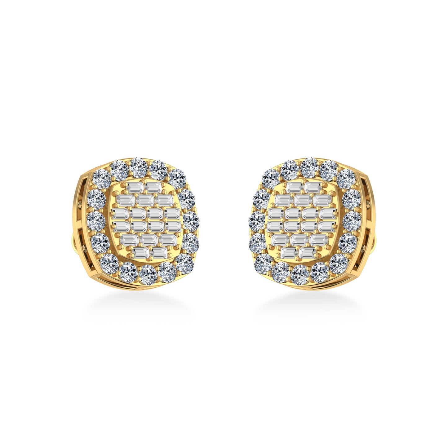 10K Yellow Gold Round Baguette Diamond Stud Earrings 1 Ctw