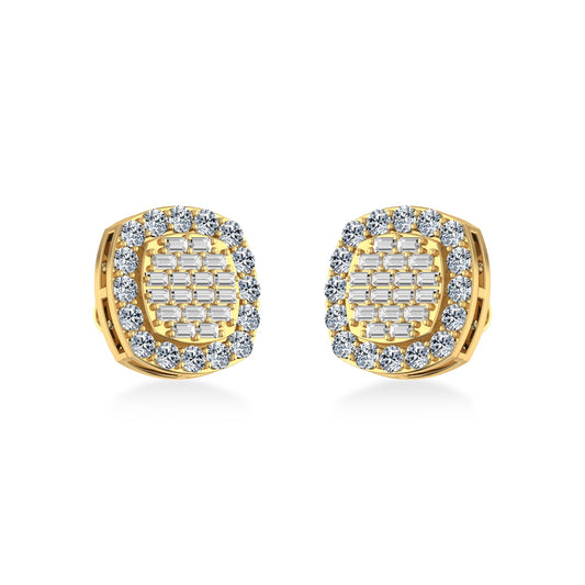 10K Yellow Gold Round Baguette Diamond Stud Earrings 1 Ctw