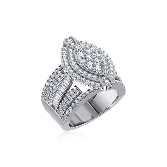 10K White Gold Round Baguette Diamond Womens Size 7 Designer Bridal Ring 2-3/8 Ctw