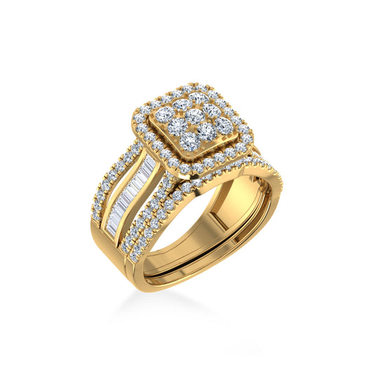10K Yellow Gold Round Baguette Diamond Womens Square Shape Designer Bridal Ring 1-3/8 Ctw