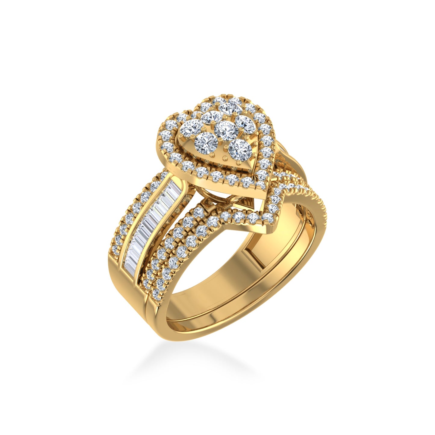 10K Yellow Gold Round Baguette Diamond Womens Heart Shape Designer Bridal Ring 1-1/6 Ctw