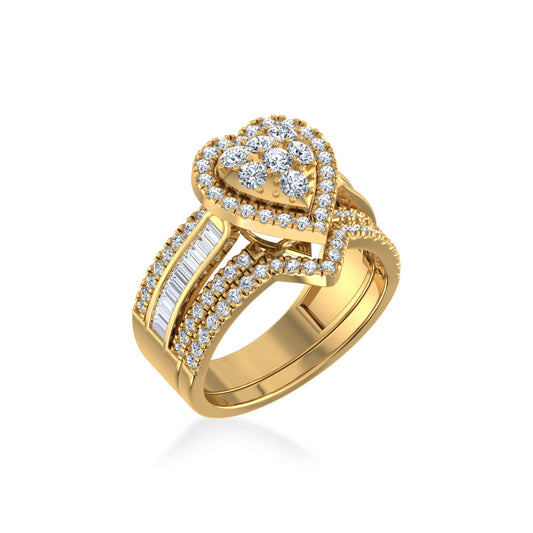 10K Yellow Gold Round Baguette Diamond Womens Heart Shape Designer Bridal Ring 1-1/6 Ctw