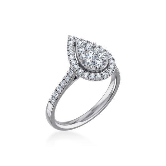 14K White Gold Round Diamond Pear Shape Womens Designer Ring 7/8 Ctw