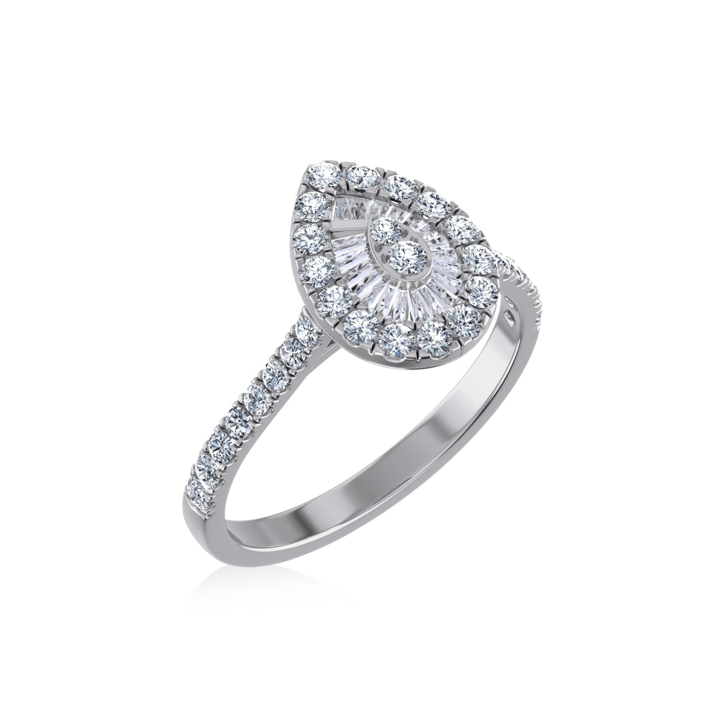 14K White Gold Round Baguette Diamond Pear Shape Womens Designer Ring 3/4 Ctw