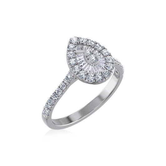 14K White Gold Round Baguette Diamond Pear Shape Womens Designer Ring 3/4 Ctw