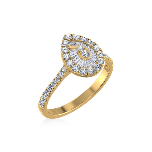 14K Yellow Gold Round Baguette Diamond Pear Shape Womens Designer Ring 3/4 Ctw