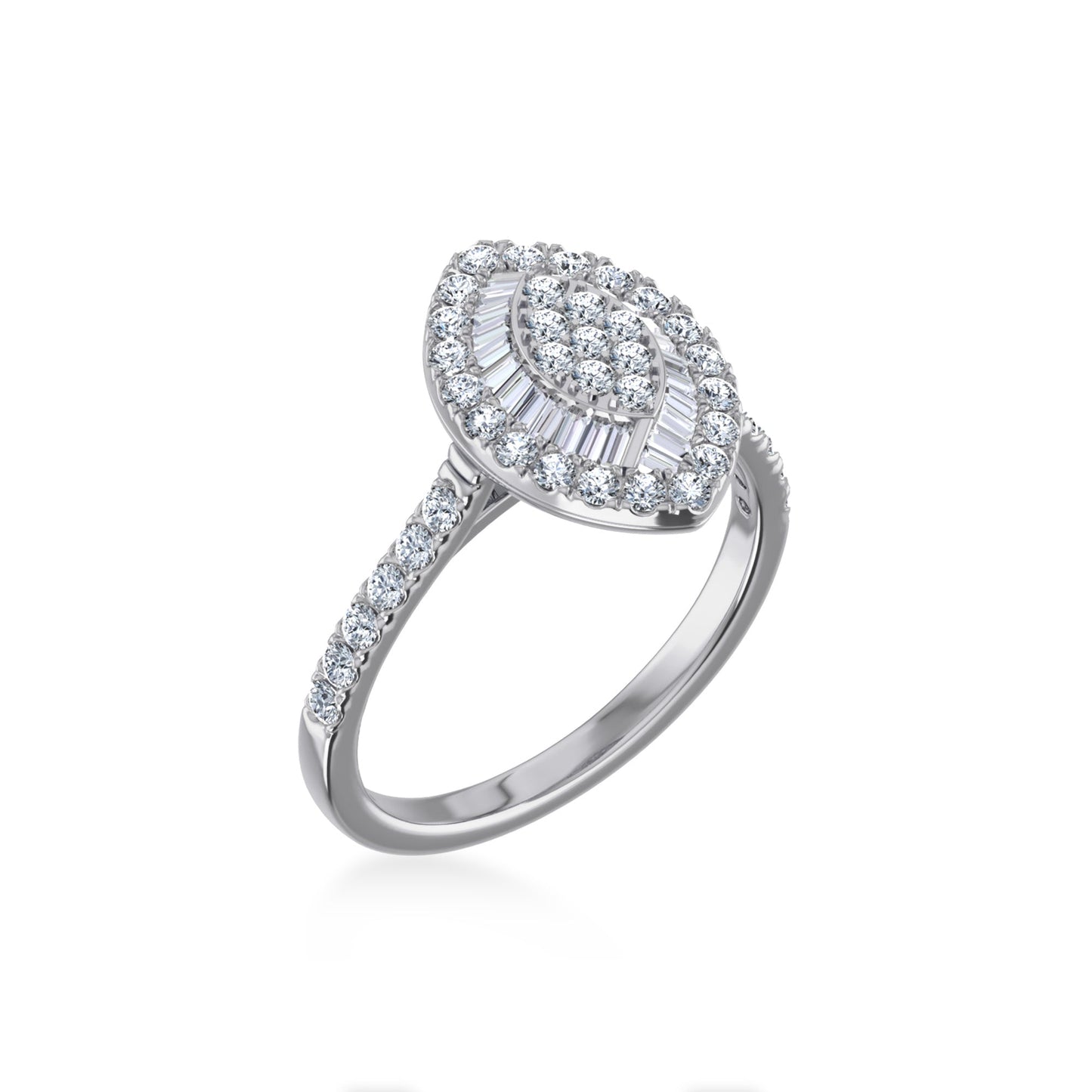 14K White Gold Round Baguette Diamond Womens Size 7 Designer Ring 3/4 Ctw