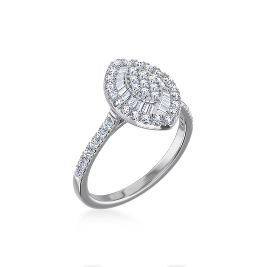 14K White Gold Round Baguette Diamond Womens Size 7 Designer Ring 3/4 Ctw