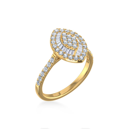 14K Yellow Gold Round Baguette Diamond Womens Size 7 Designer Ring 3/4 Ctw