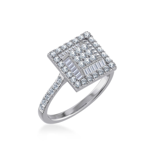 14K White Gold Round Baguette Diamond Square Shape Womens Size 7 Designer Ring 7/8 Ctw