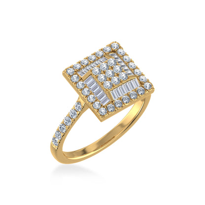 14K Yellow Gold Round Baguette Diamond Square Shape Womens Size 7 Designer Ring 7/8 Ctw