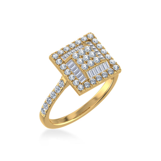 14K Yellow Gold Round Baguette Diamond Square Shape Womens Size 7 Designer Ring 7/8 Ctw