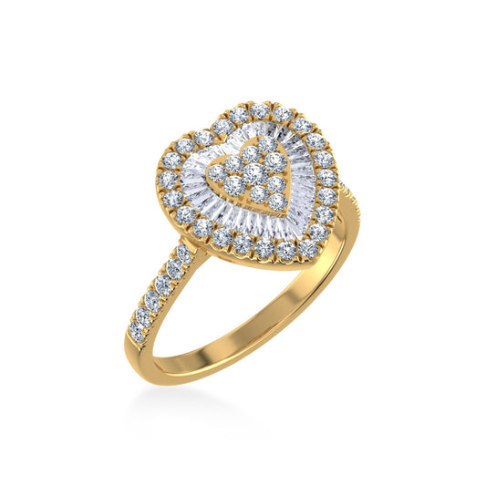 14K Yellow Gold Round Baguette Diamond Heart Shape Womens Size 7 Designer Ring 1 Ctw