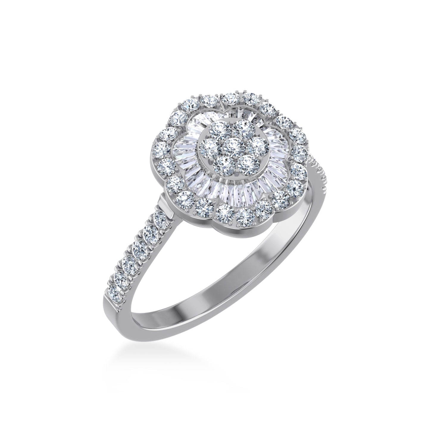 14K White Gold Round Baguette Diamond Womens Size 7 Designer Ring 7/8 Ctw
