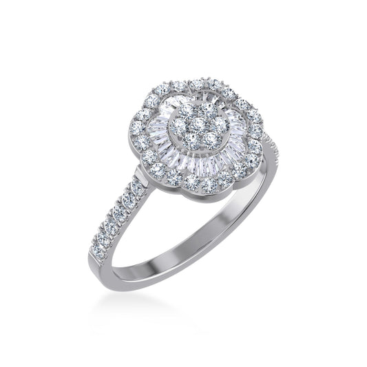14K White Gold Round Baguette Diamond Womens Size 7 Designer Ring 7/8 Ctw