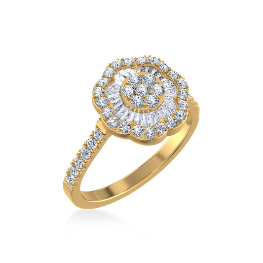 14K Yellow Gold Round Baguette Diamond Womens Designer Ring 7/8 Ctw