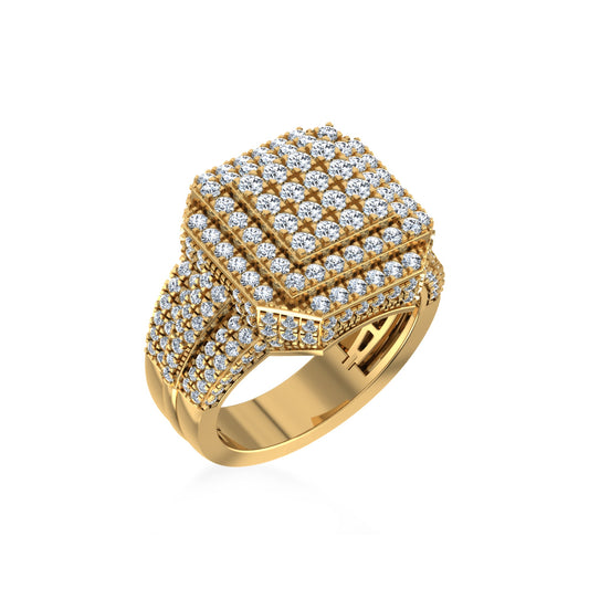10K Yellow Gold Round Diamond Square Shape Designer Size 10 Mens Ring 3-3/8 Ctw