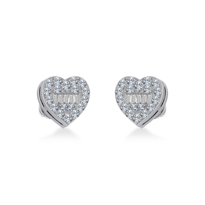 14K White Gold Round Baguette Diamond Heart Shape Cluster Stud EarRing 3/8 Ctw