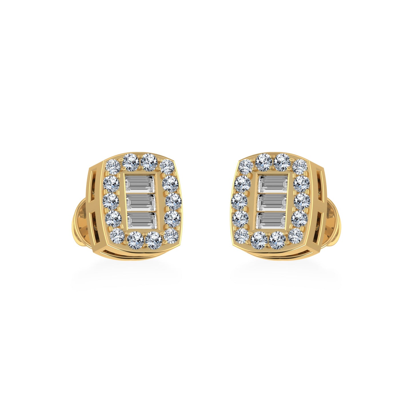 14K Yellow Gold Round Baguette Diamond Stud Earrings 1/5 Ctw