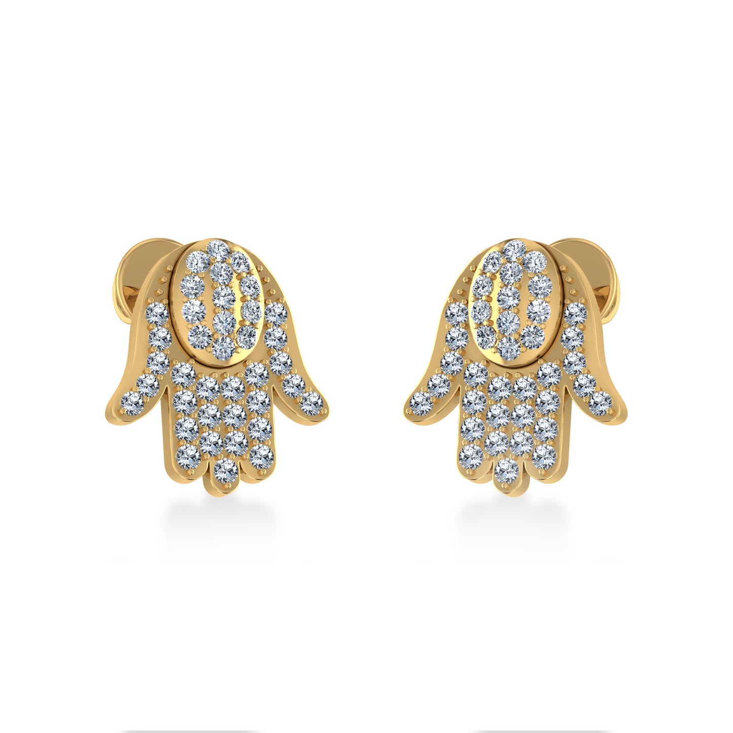 14K Yellow Gold Round Baguette Diamond Hamza Hand Religious Stud Earrings 1/5 Ctw