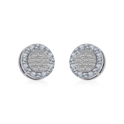 14K White Gold Round Baguette Diamond Halo Stud Earrings 1/2 Ctw