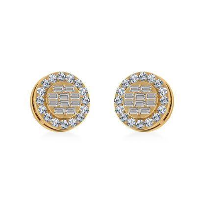 14K Yellow Gold Round Baguette Diamond Halo Stud Earrings 1/2 Ctw