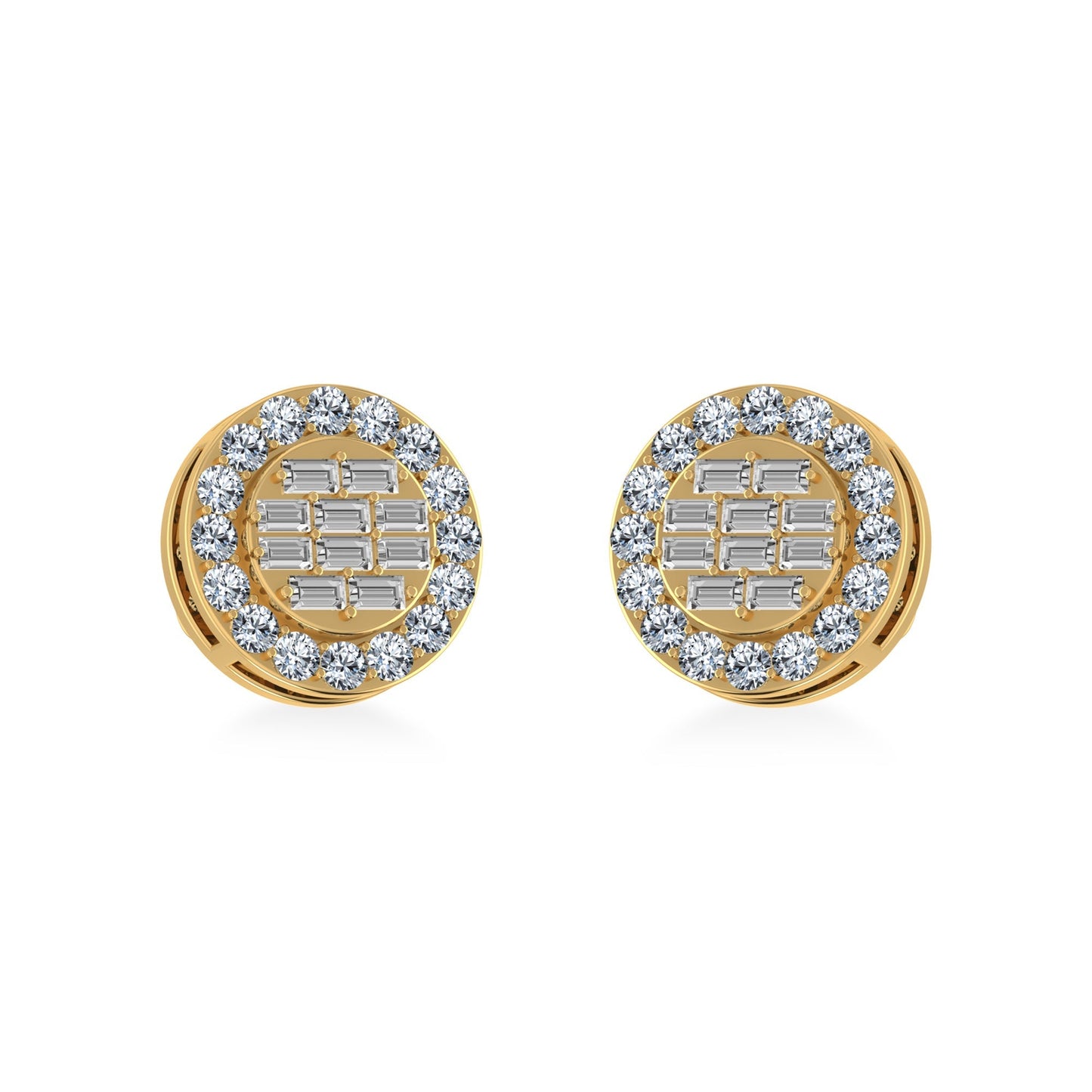 14K Yellow Gold Round Baguette Diamond Halo Stud Earrings 1/2 Ctw