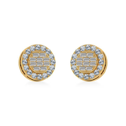 14K Yellow Gold Round Baguette Diamond Halo Stud Earrings 1/2 Ctw