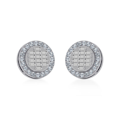 14K White Gold Round Baguette Diamond Halo Stud Earrings 5/8 Ctw