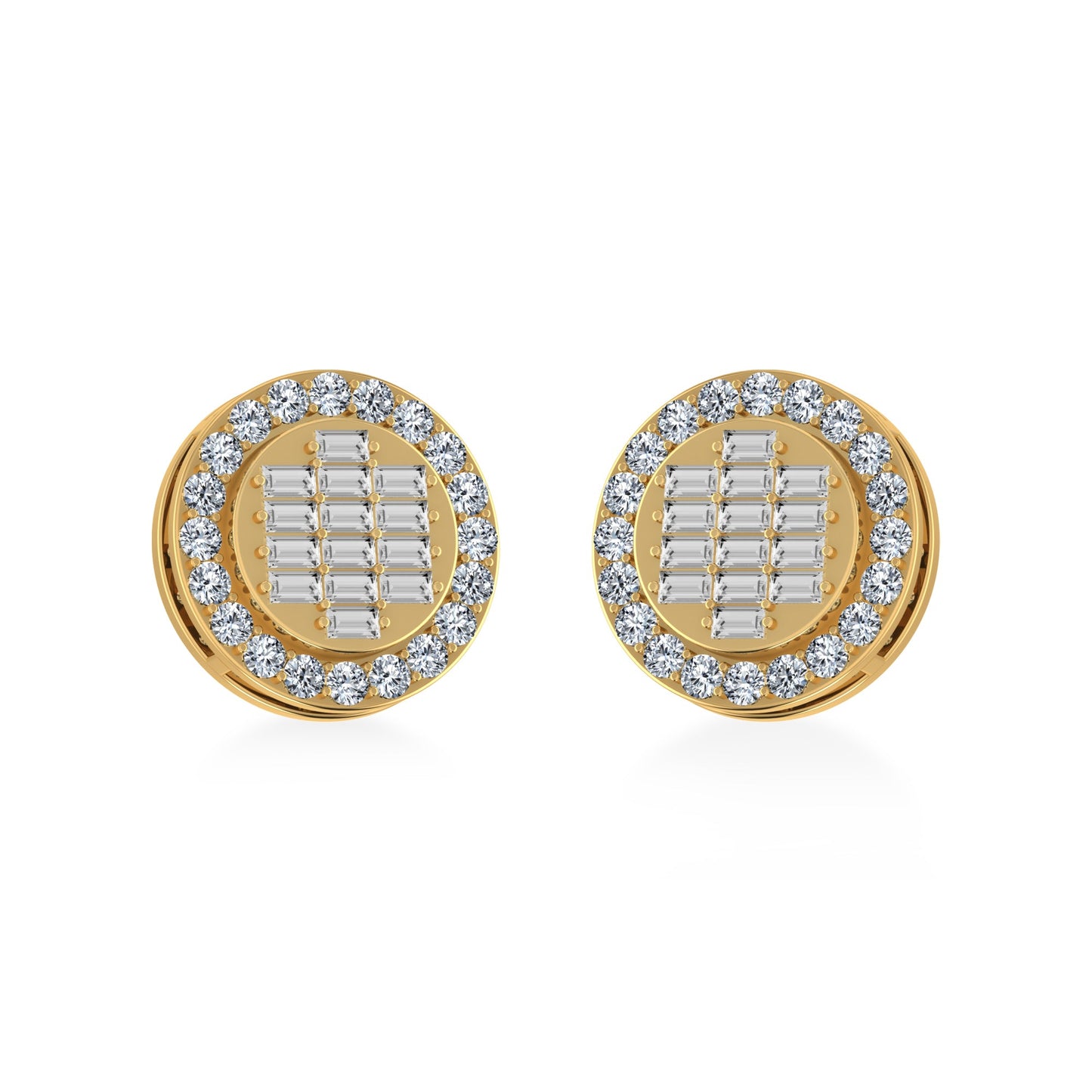 14K Yellow Gold Round Baguette Diamond Halo Stud Earrings 5/8 Ctw