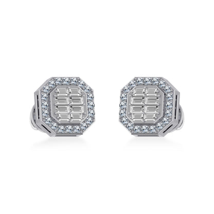 14K White Gold Round Baguette Diamond Stud Earrings 1/4 Ctw