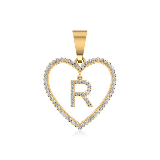 10K Yellow Gold Diamond Initial Heart R Letter Pendant 1/4 Ctw