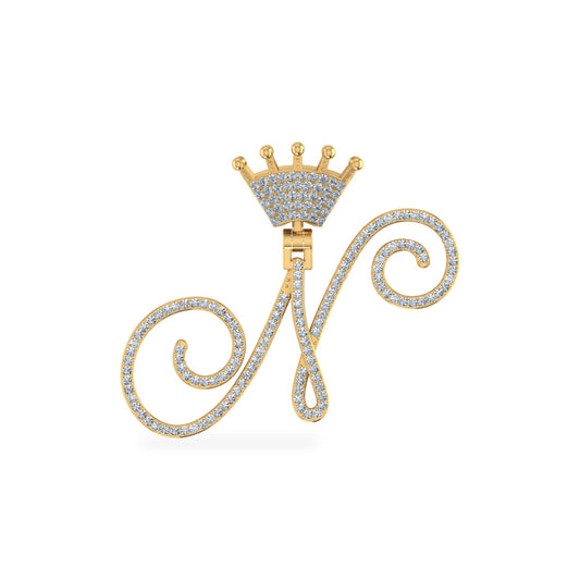 10K Yellow Gold Round Diamond Crown N Letter Initial Pendant 1/4 Ctw