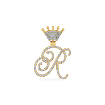 10K Yellow Gold Round Diamond Crown R Letter Initial Pendant 1/4 Ctw