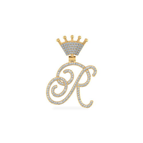 10K Yellow Gold Round Diamond Crown R Letter Initial Pendant 1/4 Ctw
