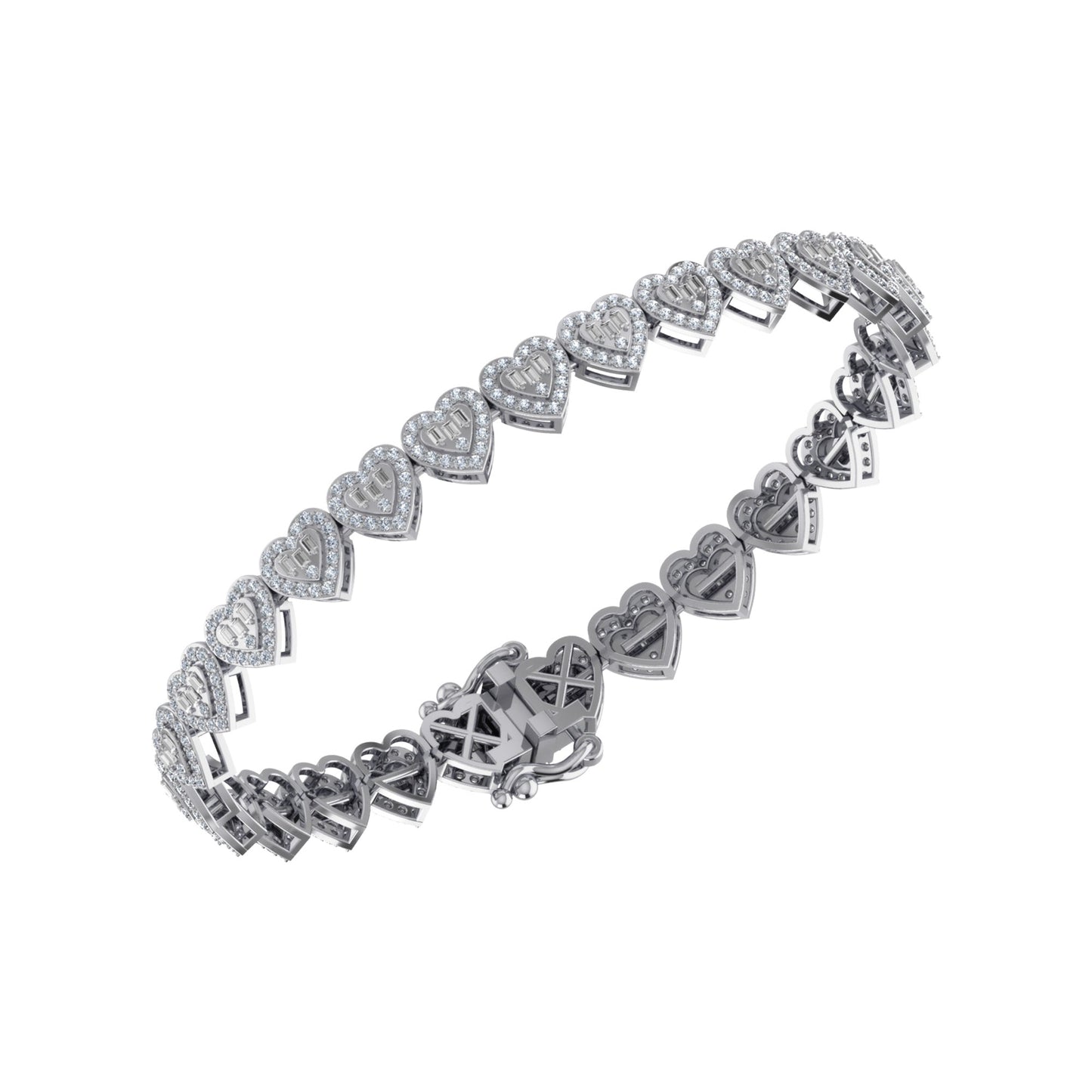 10K White Gold Round Baguette Diamond Heart Designer 7 Inch Bracelet  2-1/6 Ctw