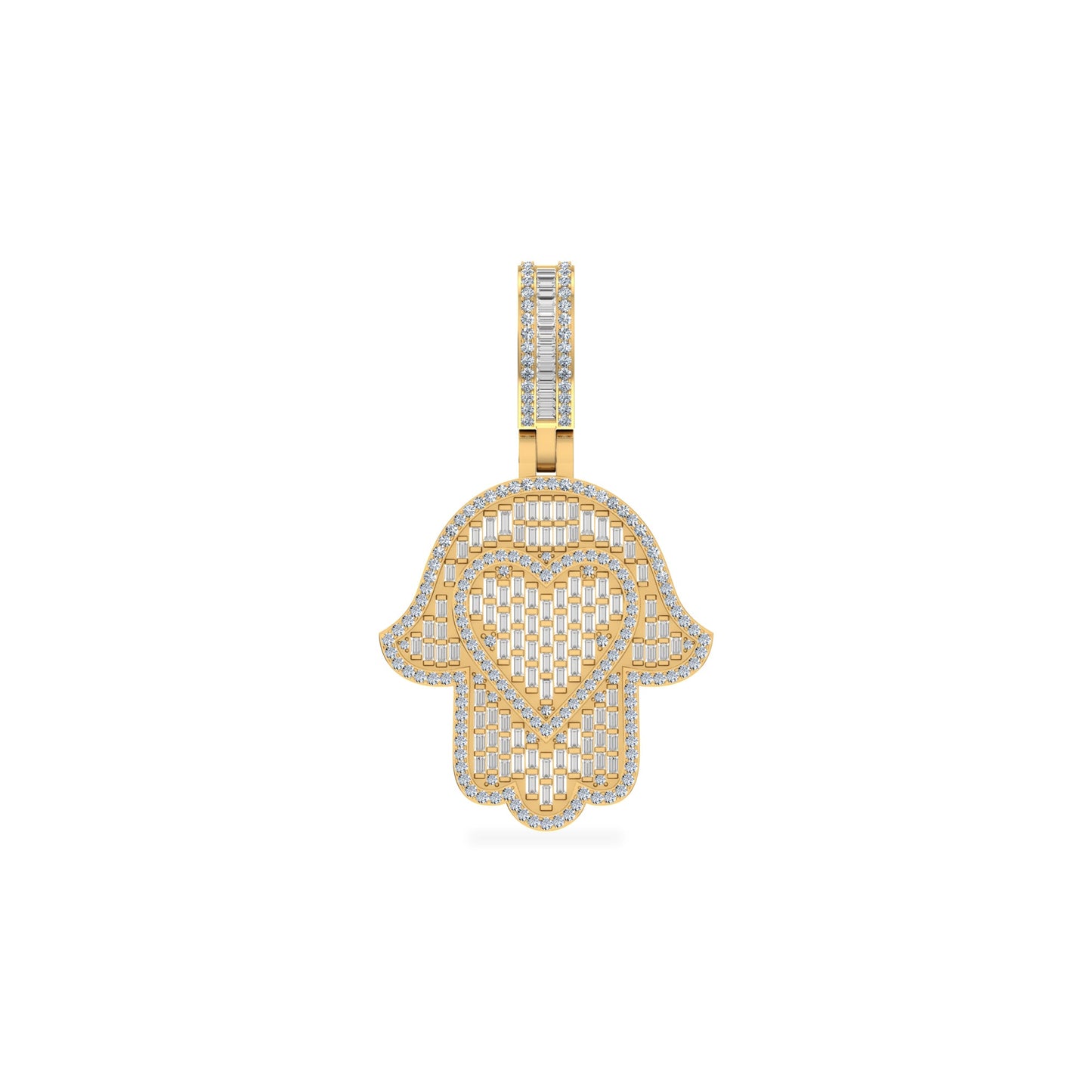 10K Yellow Gold Round Baguette Diamond Heart Hamza Hand Religious Charm Pendant 1-3/4 Ctw