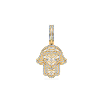 10K Yellow Gold Round Baguette Diamond Heart Hamza Hand Religious Charm Pendant 1-3/4 Ctw