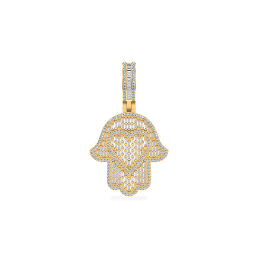 10K Yellow Gold Round Baguette Diamond Heart Hamza Hand Religious Charm Pendant 1-3/4 Ctw