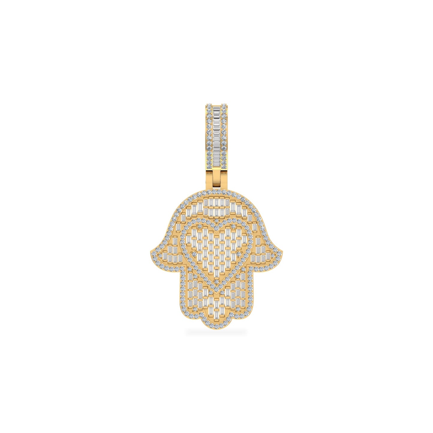 10K Yellow Gold Round Baguette Diamond Heart Hamza Hand Religious Charm Pendant 1-3/4 Ctw
