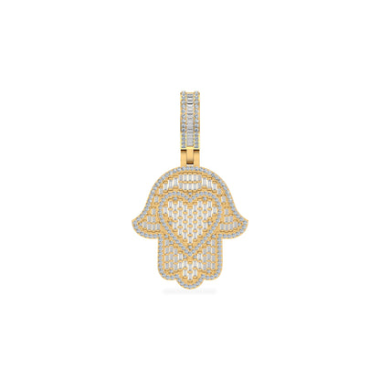 10K Yellow Gold Round Baguette Diamond Heart Hamza Hand Religious Charm Pendant 1-3/4 Ctw