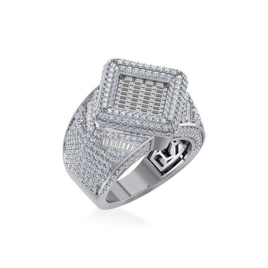 10K White Gold Round Baguette Diamond Designer Size 10 Mens Ring 4 Ctw