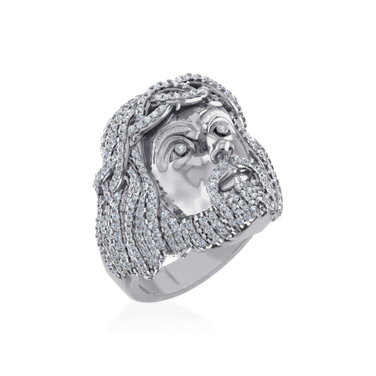 10K White Gold Round Diamond 3D Jesus Religious Size 10 Mens Ring 2 Ctw