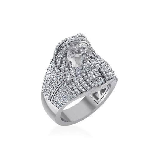 10K White Gold Round Diamond 3D Jesus Religious Size 10 Mens Ring 1-3/4 Ctw