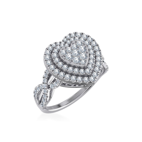 10K White Gold Round Diamond Two Row Heart Shape Womens Ring Size 7 1 Ctw