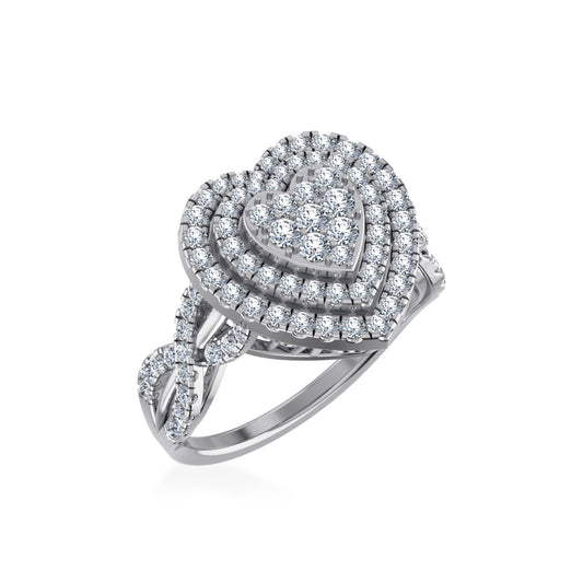10K White Gold Round Diamond Two Row Heart Shape Womens Ring Size 7 1 Ctw