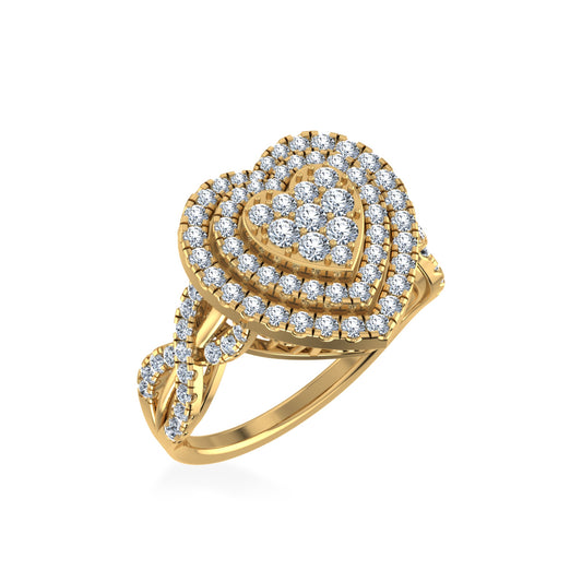 10K Yellow Gold Round Diamond Two Row Heart Shape Womens Ring Size 7 1 Ctw